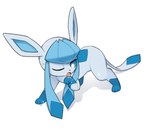 blue_body blue_eyes bodily_fluids cum female feral genital_fluids licking looking_at_viewer one_eye_closed open_mouth self_lick simple_background solo standing tongue tongue_out white_background tosx nintendo pokemon eeveelution generation_4_pokemon glaceon pokemon_(species)