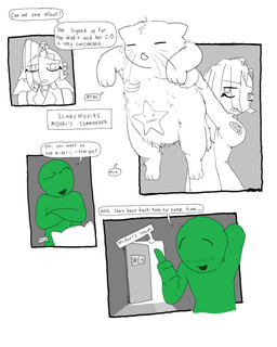 3_fingers 3_toes 4_panel_comic ambiguous_gender bald belly belly_markings blush blush_lines border breasts clothing crossed_arms dialogue door eye_through_hair eyebrow_through_hair eyebrows eyelashes eyeless eyes_closed feet female feral fingers fur gesture green_body group hair hand_behind_head hand_gesture holding_character inside male markings meowing necktie paws pointing sign star_(marking) suit talking_to_another text toes translucent translucent_hair trio whiskers white_border 4chan_anon big_bro_(sillyroachgirl) domestic_cat felid feline felis human mammal 2025 4:5 absurd_res character_name comic digital_media_(artwork) english_text hi_res japanese_text restricted_palette