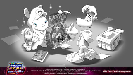 4_fingers anthro big_nose black_eyebrows blue_eyes button_(fastener) closed_frown clothed clothed_anthro clothed_humanoid clothed_male clothing copyright_symbol duo excited eyebrows facial_hair fingers floating_hands floating_head footwear frown frowning_at_viewer fur game_case gauntlets_(weapon) gloves hair half-closed_eyes handwear hat headgear headwear holding_object holding_plushie holding_poster hoodie larger_humanoid larger_male long_ears looking_at_viewer male male_humanoid mouth_closed mustache narrowed_eyes no_eyebrows noseless overalls paper plushie shoes short_hair signing signing_poster size_difference smaller_anthro smaller_male sparkles sparkling_eyes standing symbol text tired title toothy_grin topwear white_body white_clothing white_facial_hair white_footwear white_fur white_gloves white_hair white_handwear white_hat white_headwear white_hoodie white_mustache white_overalls white_shoes white_skin white_topwear giacomo_boni mario_bros mario_plus_rabbids_kingdom_battle mario_plus_rabbids_sparks_of_hope nintendo raving_rabbids rayman_(series) ubisoft rabbid_mario rayman humanoid lagomorph mammal rabbid raypeople_(rayman) 16:9 2023 4k absurd_res adobe_photoshop_(artwork) artist_name colored concept_art crossover digital_drawing_(artwork) digital_media_(artwork) english_description english_text hi_res official_art procreate_(artwork) shaded widescreen