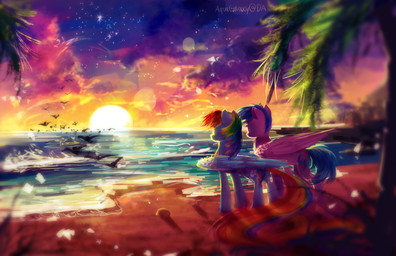 beach blue_body blue_feathers blue_fur blue_hair cloud cutie_mark detailed_background duo_focus feathered_wings feathers female feral fur group hair multicolored_hair outside palm_tree pink_body pink_feathers plant rainbow_hair sand sea seaside sky sparkles star sun sunset tree water wings aquagalaxy friendship_is_magic hasbro my_little_pony mythology firefly_(pre-g4) rainbow_dash_(mlp) avian equid equine mammal mythological_creature mythological_equine pegasus 2015 hi_res