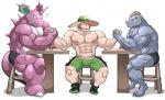 abs arm_wrestling bottomwear briefs bulge clothed clothing cross-popping_vein generation_1_pokemon group gym_leader hi_res human humor machoke maldu male mammal milo_(pokemon) muscular muscular_male navel nidoking nintendo nipples pecs pokemon pokemon_(species) shorts simple_background topless underwear vein white_background