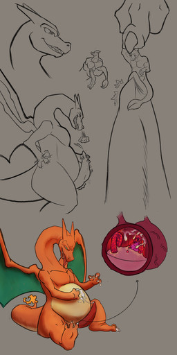 anthro balls belly bodily_fluids breath claws cock_vore cum duo erection feet_first genital_fluids genitals internal macro male male/male male_pred male_prey micro orange_body penile penis sitting vore wings zeanlain mythology nintendo pokemon charizard dragon generation_1_pokemon mythological_creature mythological_scalie pokemon_(species) scalie 1:2 2021 colored hi_res