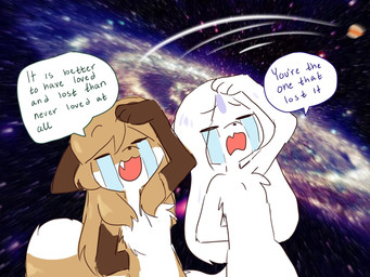 ambiguous_gender anthro brown_body brown_fur dipstick_tail duo female female_anthro fur gloves_(marking) hair markings tail tail_markings text white_body white_fur conditional_dnp fiddleafox averi_(fiddleafox) canid canine fox lagomorph leporid mammal rabbit red_fox true_fox 4:3 character_request english_text hi_res