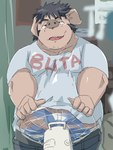 anthro black_hair bottomwear clothing electric_fan hair inside kemono male overweight overweight_anthro overweight_male pants shirt solo text text_on_clothing text_on_shirt text_on_topwear topwear train_(artist) domestic_pig mammal suid suina sus_(pig) 2021 hi_res