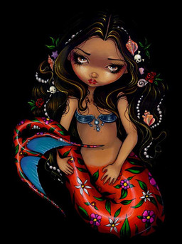 bone bra breasts brown_body brown_hair brown_skin clothing conch eyelashes female fin fish_tail flower hair legless lips long_hair looking_at_viewer makeup mermaid_tail navel not_furry plant pupils red_lips red_tail rose_(flower) skull solo split_form tail tail_fin underwear jasmine_becket-griffith humanoid humanoid_merfolk mammal marine merfolk formal_art painting_(artwork) traditional_media_(artwork) traditional_painting_(artwork)