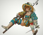 axe blue_eyes breasts brown_hair cleavage clothed clothing dagger female freckles frilly frilly_clothing gloves gradient_background hair halberd handwear hat headgear headwear humanoid_pointy_ears jewelry landsknecht marie_sleeves melee_weapon necklace not_furry on_ground paned_sleeves pointy_ears polearm puffy_sleeves simple_background sitting solo sword tools virago_sleeves weapon mossa gracella_(hirobrotag) halfling humanoid 2020 absurd_res hi_res