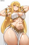 abs big_breasts biped blonde_hair breasts female glistening_thighs hair humanoid_pointy_ears mouth_closed muscular muscular_female navel not_furry pointy_ears pupils simple_background smile solo thick_thighs white_background wide_hips yellow_eyes cromwellb serie_(frieren) elf humanoid hi_res