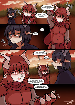 clawed_hands clothed clothing dark_hair dialogue fur hair horn male monster_girl_(genre) open_mouth red_hair simple_background text shriekingmagpie horned_humanoid humanoid comic digital_media_(artwork) english_text hi_res