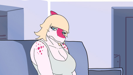anthro big_breasts blonde_hair blue_eyes bodily_fluids bone_frill breasts clothed clothed_anthro clothed_female clothing crying detailed_background eyebrows eyelashes female frill_(anatomy) frown furniture hair head_turned inside long_eyelashes long_hair looking_at_viewer markings non-mammal_breasts pink_body raised_inner_eyebrows sad shirt sitting sofa solo spots spotted_markings spotted_shoulders tank_top tears topwear white_body white_clothing white_shirt white_tank_top white_topwear sebek_fereh_ra cavemanon_studios i_wani_hug_that_gator mia_moretti dinosaur hadrosaurid ornithischian ornithopod parasaurolophus prehistoric_species reptile scalie 16:9 colored hi_res shaded widescreen