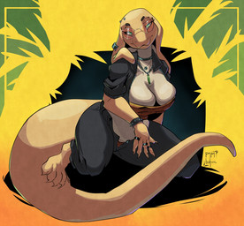 anthro bottomwear breasts claws clothed clothing eyewear female furgonomic_piercing furgonomics glasses green_eyes jewelry necklace open_bottomwear open_clothing open_pants pants piercing snake_hood snake_hood_piercing solo tailrings parabellux debra_(deltav) reptile scalie snake hi_res