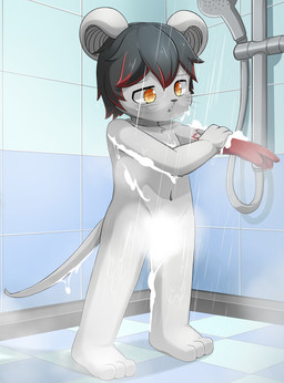 3_toes 4_fingers amber_eyes bathing bathroom convenient_censorship feet fingers inside male navel nude showering solo standing toes washing_self young choki mammal mouse murid murine rodent 2023 absurd_res hi_res