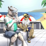 anthro beach beach_umbrella beverage blue_bottomwear blue_clothing blue_hat blue_headwear blue_shorts blush bottomwear clothing collared_shirt dress_shirt drinking duo eyewear glasses hat headgear headwear horizon looking_at_another male male/male otter_tail parasol scut_tail sea shirt short_tail shorts shows sitting sitting_together t-shirt tail topwear water pandottermon bibi_baxter_(pandottermon) parker_(pandottermon) deer mammal mustelid new_world_deer otter reindeer 1:1 hi_res