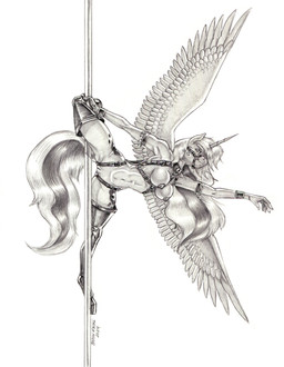 anthro anthrofied breasts clothing cutie_mark dancing feathered_wings feathers female genitals hair horn legwear navel nipples pole pole_dancing solo stripper_pole tail thigh_highs unicorn_horn vulva wings baron_engel friendship_is_magic hasbro my_little_pony mythology princess_luna_(mlp) equid equine mammal mythological_creature mythological_equine winged_unicorn 2024 graphite_(artwork) greyscale hi_res monochrome traditional_media_(artwork)