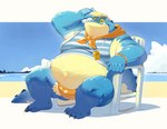 anthro beach belly blue_body blue_scales claws clothing hat headgear headwear lifeguard looking_at_viewer male navel overweight overweight_anthro overweight_male sand scales sea seaside sitting smile solo speedo swimwear visor_cap water riisago lifewonders tokyo_afterschool_summoners makara_(tas) crocodile crocodilian reptile scalie absurd_res full-length_portrait hi_res portrait