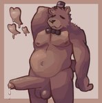 anthro balls belly big_penis bodily_fluids bow_tie cum genital_fluids genitals grin hyper leaking_cum male overweight overweight_male pecs penis smile solo tired_eyes olifawn five_nights_at_freddy's scottgames freddy_(fnaf) bear mammal hi_res