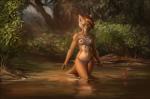 5_fingers anthro blue_eyes bottomwear breasts brown_body brown_fur brown_hair casual_exposure clothed clothing day detailed_background female fingers forest fur hair holding_object holding_weapon loincloth loincloth_only melee_weapon navel nipples outside partially_submerged plant polearm solo spear topless tree tribal weapon akineza canid canine canis mammal wolf 2018 digital_media_(artwork)