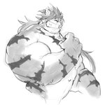 anthro hair long_hair male muscular muscular_male pecs ponytail smile smirk solo phosbara lifewonders tokyo_afterschool_summoners macan_(tas) felid mammal pantherine tiger 1:1 hi_res monochrome