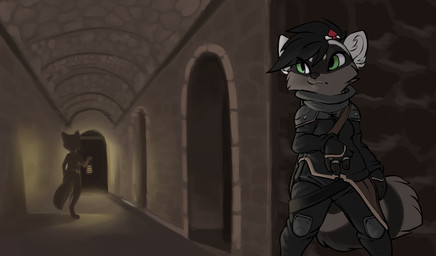 accessory armor duo female green_eyes hair_accessory hairpin hallway lamp lantern ring rogue reign-2004 zaina_kouri mammal procyonid raccoon 2018 digital_media_(artwork) hi_res shaded