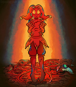 ambiguous_gender anthro blood blood_in_mouth blood_on_face bodily_fluids disembowelment duo female feral gore guts jester male male/female organs scared telekinesis squeakygears chappie_(squeakygears) phineas_(squeakygears) amphibian bovid caprine frog goat mammal hi_res
