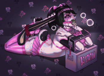 accessory anthro bdsm blush bodily_fluids bondage bottomwear bound bow_ribbon clothed clothing collar crossdressing cum cum_on_face cum_on_tongue ear_bondage ear_pull eyes_closed free_use gag genital_fluids hair_accessory hair_bow hair_ribbon latex latex_clothing legwear makeup male markings miniskirt restraints ribbons ring_gag rope running_eyeliner running_makeup sign skirt solo spots spotted_markings star_(marking) stocks thigh_highs tongue tongue_out arh ryhn lagomorph leporid mammal rabbit