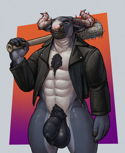 abs anthro balls barbed_wire baseball_bat bat_(object) big_balls big_penis bottomless clothed clothing ear_piercing facial_piercing flaccid foreskin genitals huge_balls huge_penis humanoid_genitalia humanoid_penis jacket leather leather_clothing leather_jacket leather_topwear looking_at_viewer male muscular muscular_male nose_piercing nose_ring penis piercing pose ring_piercing simple_background solo topwear tall_lizzard bovid bovine cattle mammal pinup