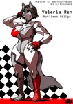 anthro big_breasts bodysuit breasts brown_eyes brown_hair checkered checkered_background clothing curvy_figure female fur grey_body grey_fur hair hand_behind_head hand_on_hip jumpsuit pattern_background racing racing_suit short_hair simple_background skinsuit solo standing text tight_clothing wide_hips bittenhard valeria_ren_(ara) canid canine canis mammal wolf english_text model_sheet