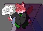 anthro bodily_fluids bottomwear clothing detailed_background dialogue necktie nervous overweight pants red_body shirt solo sweat text topwear astralkettei mappy shiftylook goro_(mappy) domestic_cat felid feline felis mammal 2023 english_text hi_res