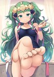 5_fingers 5_toes blush breasts clothing crossed_legs feet female fingers foot_fetish green_hair hair humanoid_feet not_furry one-piece_swimsuit plantigrade solo swimwear toes hanetu1 fire_emblem fire_emblem_three_houses nintendo sothis_(fire_emblem) elf humanoid hi_res