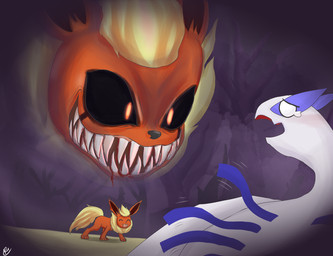 ambiguous_gender blood bodily_fluids creepy duo empty_eyes eye_contact feral forest looking_at_another plant scared scary sharp_teeth teeth tree reikomuffin nintendo pokemon eeveelution flareon generation_1_pokemon generation_2_pokemon legendary_pokemon lugia mammal pokemon_(species) 2015