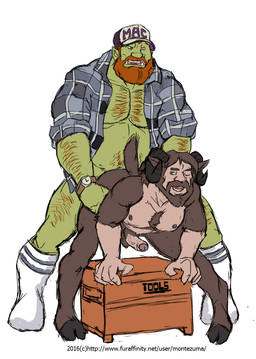 beard body_hair bottomless brown_hair chest_hair clock clothed clothing duo erection facial_hair footwear foreskin from_behind_position genitals hair hat headgear headwear hooves horn humanoid_pointy_ears legwear male male/male muscular muscular_male nipples orange_hair pattern_clothing pattern_shirt pattern_topwear pecs penis plaid plaid_clothing plaid_shirt plaid_topwear pointy_ears sex shirt slightly_chubby socks text toolbox topwear trucker trucker_hat tusks watch montezuma_(artist) humanoid orc satyr 2016 url