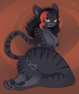 anthro anus areola big_breasts black_body black_fur black_hair black_nose blush breasts butt feet female fur genitals hair looking_at_viewer looking_back markings nipples nude orange_eyes pawpads paws presenting presenting_hindquarters red_hair simple_background smile solo striped_body striped_markings stripes tail vulva yellow_sclera e-01 felid mammal pantherine digital_media_(artwork) hi_res