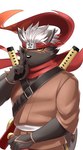 anthro black_body black_fur fur hair katana kerchief male melee_weapon ninja scar solo sword warrior weapon white_hair chuurow lifewonders tokyo_afterschool_summoners tadatomo_(tas) canid canine canis domestic_dog mammal hi_res