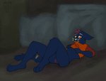 anthro blurred_background bottomless cave clothed clothing clothing_lift detailed_background female genitals looking_at_viewer lying on_back pussy shirt shirt_in_mouth shirt_lift shirt_up shy solo topwear wolico night_in_the_woods mae_borowski domestic_cat felid feline felis mammal