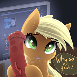animal_genitalia animal_penis blonde_hair bodily_fluids computer cum duo electronics equine_genitalia equine_penis erection female feral genital_fluids genitals green_eyes hair happy male male/female penis smile teeth posionjoke friendship_is_magic hasbro my_little_pony applejack_(mlp) equid equine horse mammal pony 1:1