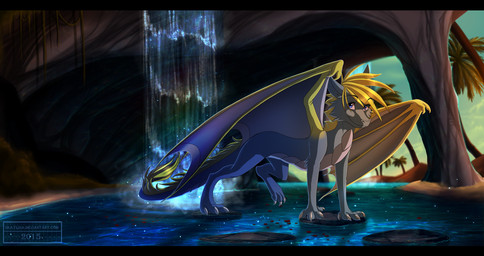 black_bars blonde_hair claws day detailed_background feral hair membrane_(anatomy) membranous_wings outside sky solo standing tail water waterfall wings skaydie european_mythology mythology dragon mythological_creature mythological_scalie scalie western_dragon 2015 digital_media_(artwork) hi_res letterbox