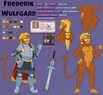 butt cape clothed clothing genitals hair knight_armor male melee_weapon muscular penis ponytail solo sword text weapon sergiovintorez bloons_tower_defense ninja_kiwi frederik_wulfgard_(sergiovintorez) haplorhine mammal monkey primate absurd_res english_text hi_res model_sheet