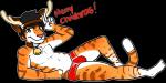 antlers bell black_hair brown_stripes bulge clothing collar fake_antlers fake_horns fur green_eyes hair holidays horn looking_at_viewer male orange_body orange_fur pink_nose pose smile solo stripes text white_body white_fur carrus christmas felid mammal pantherine tiger alpha_channel