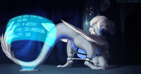 collar cuff_(restraint) female feral genitals harness presenting presenting_vulva restrained restraints slave solo spread_legs spreader_bar spreading tail vulva conditional_dnp shido-tara mythology dragon mythological_creature mythological_scalie scalie hi_res