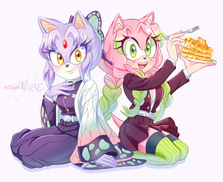 5_fingers alternate_costume alternate_hairstyle anthro anthrofied belt biped black_nose bottomwear braided_hair braided_ponytail breasts butter button_(fastener) clothed clothed_anthro clothed_female clothing countershade_face countershading curvy_figure cutlery dairy_products duo female female_anthro fingers food footwear forehead_gem fork fully_clothed fully_clothed_anthro fully_clothed_female gem green_hair hair head_tuft highlights_(coloring) iris kitchen_utensils kneeling markings mole_(marking) open_mouth open_smile pancake pink_body pink_hair plate pointy_ears ponytail pupils purple_body purple_clothing purple_hair redesign short_hair simple_background skirt small_nose smile smiling_at_viewer snout socks syrup tail teeth text tongue tools tuft white_background white_clothing dayanrose sega sonic_the_hedgehog_(series) amy_rose blaze_the_cat mitsuri_kanroji shinobu_kocho domestic_cat eulipotyphlan felid feline felis hedgehog mammal artist_name hi_res watermark
