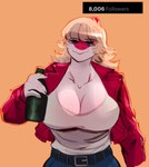 anthro beer_bottle big_breasts blonde_hair blue_eyes bone_frill bottle bottomwear breasts claws cleavage clothed clothing container denim denim_bottomwear denim_clothing eyelashes female finger_claws fingers follower_number frill_(anatomy) front_view hair huge_breasts jacket jeans long_hair looking_at_viewer magenta_body magenta_scales multicolored_body multicolored_scales pants red_clothing red_jacket red_topwear scales simple_background smile solo topwear two_tone_body two_tone_scales white_body white_scales deadassspider cavemanon_studios i_wani_hug_that_gator mia_moretti dinosaur hadrosaurid ornithischian ornithopod parasaurolophus prehistoric_species reptile scalie 2024 absurd_res digital_drawing_(artwork) digital_media_(artwork) hi_res