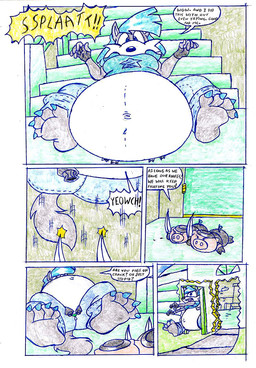 anthro belly big_belly blue_clothing blue_hair blue_shirt blue_topwear clothing dialogue female group hair inside overweight shirt speech_bubble text topwear trio virus-20 wendy_wolf_(virus-20) canid canine canis domestic_pig mammal suid suine sus_(pig) wolf 2007 comic traditional_media_(artwork)