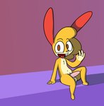 anthro arm_support balls genitals gesture half-erect looking_at_viewer male nude open_mouth penis sitting smile solo waving waving_at_viewer rabblet pizza_rabbit_(rabblet) lagomorph leporid mammal rabbit hi_res