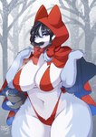 anthro big_breasts bikini black_hair breasts cloak clothed clothing cosplay curvy_figure female fur furgonomics hair hoodie huge_hips huge_thighs kemono looking_at_viewer navel purple_eyes red_clothing red_hood red_hoodie red_topwear solo swimwear thick_thighs topwear two-piece_swimsuit white_body white_fur wide_hips lemoco fairy_tales little_red_riding_hood_(copyright) little_red_riding_hood ookami-chan_(kim_3022) canid canine canis mammal absurd_res hi_res