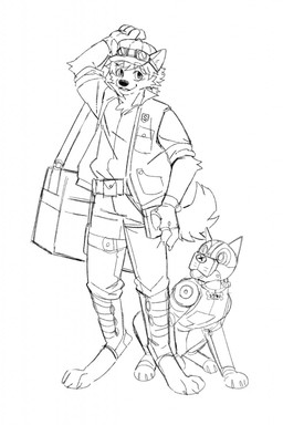 anthro arm_tuft bag barefoot bottomwear cheek_tuft clothed clothing duo elbow_tuft eyewear facial_tuft feet goggles hair hat headgear headwear legwear looking_at_viewer machine male pants short_hair simple_background sitting smile standing topwear tuft unsigned asnnonaka canid canine canis domestic_dog mammal robot hi_res monochrome sketch