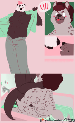 anthro bath bathtub brown_hair clothing duo exclamation_point hair happy happy_sex imminent_sex kissing male male/male pink_hair sex slightly_chubby striptease undressing gregarity damien_(character) marie_(character) hyena mammal mustelid otter sea_otter spotted_hyena comic