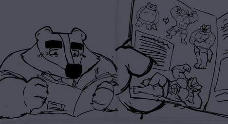 anthro belly clothing magazine male musclegut muscular overweight overweight_male reading solo underwear bencomedion beastly_crimes beastly_crimes_(2024) chief_badger badger mammal mustelid musteline 2026 monochrome
