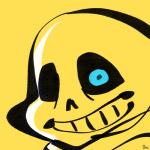 blue_eyes bone grin male not_furry simple_background skeleton smile solo yellow_background uno_yuuji undertale undertale_(series) sans_(undertale) animated_skeleton undead 1:1