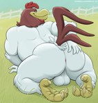 2021 3_toes 4_fingers absurd_res all_fours anthro anus artist_name avian avian_caruncle avian_feet backsack balls beak bedroom_eyes belly big_belly big_butt biped bird black_eyes brown_body brown_feathers butt chicken claws comb_(anatomy) dated detailed_background dewlap_(anatomy) digital_media_(artwork) digitigrade dudebulge feathers feet fence fingers foghorn_leghorn galliform gallus_(genus) genitals grass half-closed_eyes hand_on_butt head_crest hi_res holding_butt leghorn_chicken light lighting looking_at_viewer looking_back looking_back_at_viewer looney_tunes male multicolored_body multicolored_feathers narrowed_eyes non-mammal_balls nude outside overweight overweight_anthro overweight_male phasianid plant presenting presenting_hindquarters rear_view scutes seductive shaded sky smile smiling_at_viewer smirk solo spread_butt spreading tail tail_feathers text thick_thighs toe_claws toes two_tone_body two_tone_feathers url warner_brothers wattle white_body white_feathers yellow_beak yellow_claws