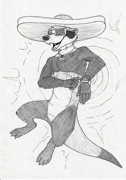 anthro arm_tuft big_hat chest_tuft elbow_tuft fangs front_view knee_tuft leg_tuft male male_anthro obscured_eyes open_mouth open_smile shoulder_tuft slim_anthro slim_male smile solo teeth tuft hufnaar mammal species_request absurd_res hi_res monochrome sketch