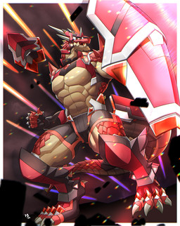 anthro armor claws male red_body shield solo tail musou_luf mythology dragon mythological_creature mythological_scalie scalie absurd_res hi_res